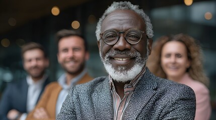 A confident mature african american man smiles with diverse team members in the background outdoors downtown.