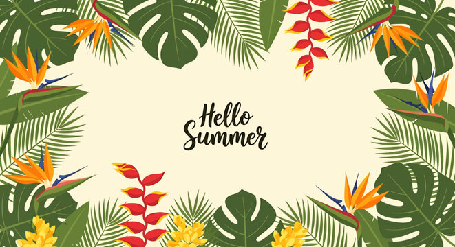Hello Summer tropical frame with monstera and bird of paradise flowers.