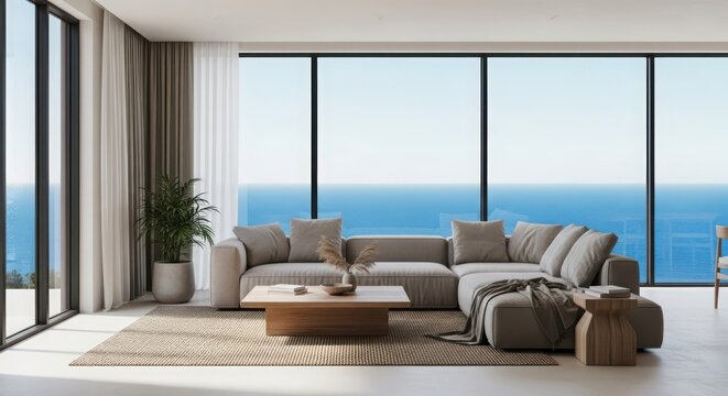 Modern living room with a large sectional sofa and ocean view through panoramic windows