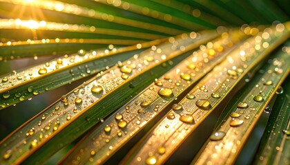 Close up of lush green palm leaf with sparkling water droplets illuminated by bright golden sunlight creating a vibrant natural abstract pattern.