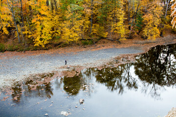 Solitary Figure Walking on Autumn Riverbank
