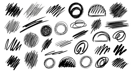 Collection of hand-drawn scribble elements in black on a white background.