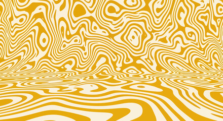 Abstract psychedelic yellow and cream swirling liquid marble pattern background with warped perspective.