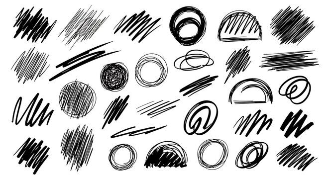 Collection of hand-drawn scribble elements in black on a white background.