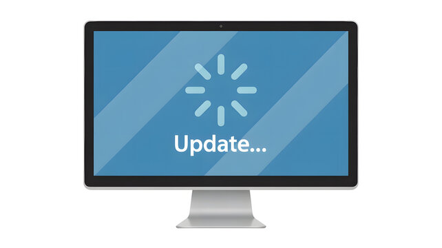 Computer screen displaying an update message with a loading icon on a blue background illustration - Powered by Adobe
