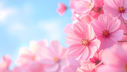 Fototapeta premium Close up on delicate pink cosmos flowers blooming against a soft blue sky with gentle clouds in bright sunlight