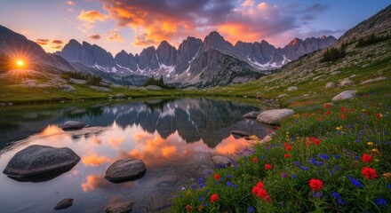 A serene mountain lake with vibrant wildflowers and a dramatic sunset sky.