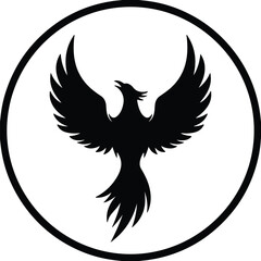 Obraz premium Vector rising phoenix bird inside circle frame silhouette illustration