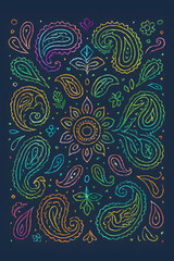 Colorful paisley pattern on a navy background