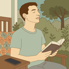 Man sitting hold a book to relax life, meditation concept, illustration cartoon