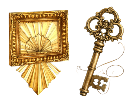 Art Deco Golden Frame and Ornate Antique Skeleton Key