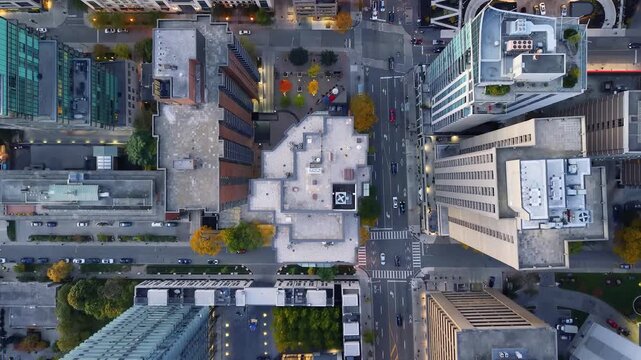 Stunning top drone view in warm colours of building rooftops, modern downtown skyscrapers, busy traffic, crossroads in evening Toronto, Ontario, Canada.