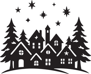 Fototapeta premium Winter village silhouette vector scene with trees and stars 