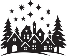 Obraz premium Winter village silhouette vector scene with trees and stars 