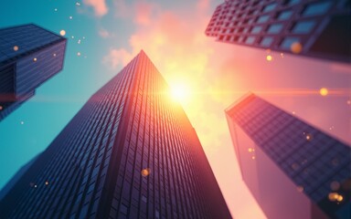 Obraz premium skyscraper at sunset view looking up of bright colorful abstract background prism fantasy architectural wallpaper sunlight blue yellow orange pink cityscape architecture backdrop. High quality