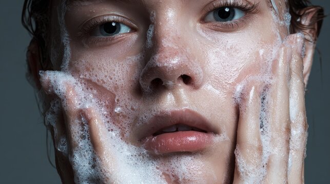 Young woman washing face with abundant foam, hands applying cleanser, smooth glossy skin, realistic beauty skincare routine with soft lighting and natural self care concept.