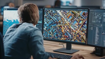 Medium shot of an urban planner interacting with a digital map analyzing AIgenerated land value predictions for optimal city development. - Powered by Adobe