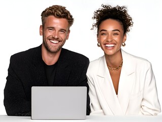 A smiling diverse man and woman are using a laptop together while sitting against a white background view.