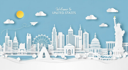 Welcome to the United States. 3D paper cut art vector illustration of American cityscape with iconic landmarks like the Statue of Liberty and the Capitol Building. Ideal for travel posters, banners. © bikram