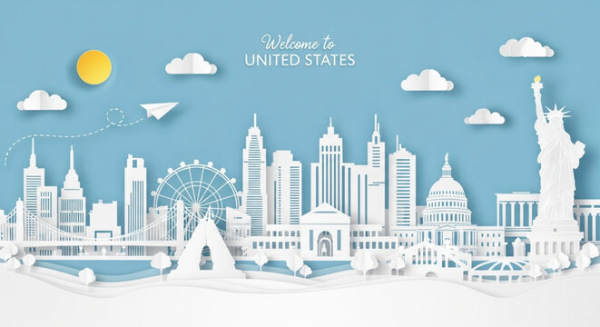 Welcome to the United States. 3D paper cut art vector illustration of American cityscape with iconic landmarks like the Statue of Liberty and the Capitol Building. Ideal for travel posters, banners.