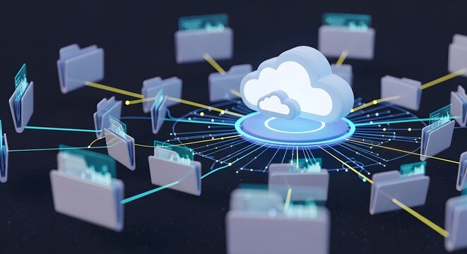 Cloud computing network connecting folders with blue and yellow lines on a black background design