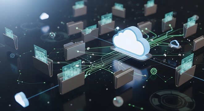 Cloud computing network showing folders connected to a central cloud storage illustration design - Powered by Adobe