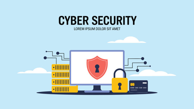 Cyber Security Illustration Computer with Shield, Padlock, Servers, and Credit Card on a Light Blue Background