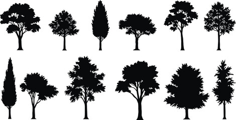 Collection of various tree silhouettes, black forest vector illustration for nature design, landscape artwork, environmental decoration, and botanical graphic projects