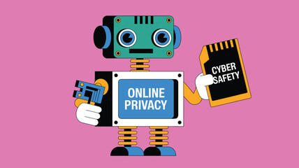 Fototapeta premium Funky Cartoon Robot Promoting Online Privacy and Cyber Safety on a Pink Background