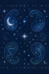 Celestial paisley pattern with moon and stars