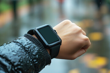 A close-up of a hand wearing a blank smartwatch, displayed against a rainy backdrop, showcasing a blend of technology and lifestyle.
