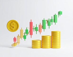 Bull market chart, coins, & candlesticks in 3D render
