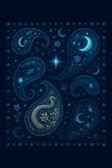 Paisley pattern with celestial moon and star
