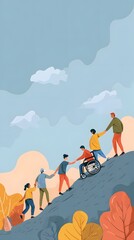 Diverse group of people forms a chain, offering assistance while ascending a steep incline