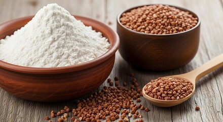 Natural buckwheat flour and grains in rustic bowls with spoon on wooden surface