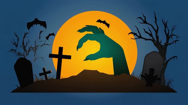 Spooky Halloween Animation with Zombie Hand Rising from a Grave in a Cemetery at Night with a Full Moon and Bats.