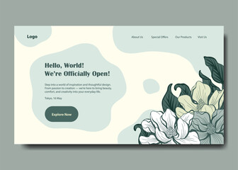 Minimalist Floral landing page with magnolia flower ornament and green colors