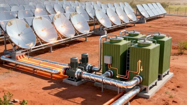 Medium perspective of a solar thermal energy storage setup demonstrating ecofriendly heat retention methods supporting renewable power generation.