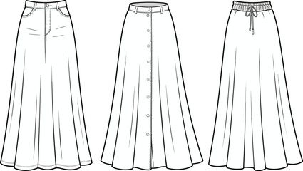Technical CAD Drawing Flat Vector Illustration of Women's Long Maxi Skirts Set, Denim, Button-Front, and Elastic Waist Styles for Fashion Design.