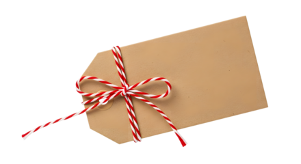 Gift - Brown gift tag with red and white string bow on white background, perfect for labeling presents or crafts