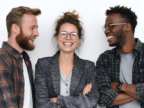 Three diverse friends with stylish clothes and glasses laugh together in front of a white background inside.