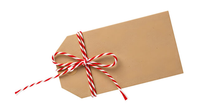 Gift - Brown gift tag with red and white string bow on white background, perfect for labeling presents or crafts