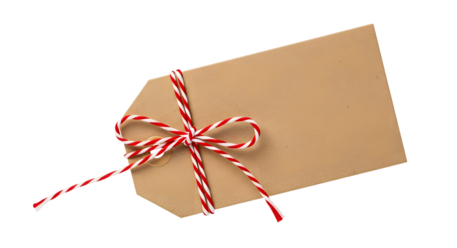 Gift - Brown gift tag with red and white string bow on white background, perfect for labeling presents or crafts