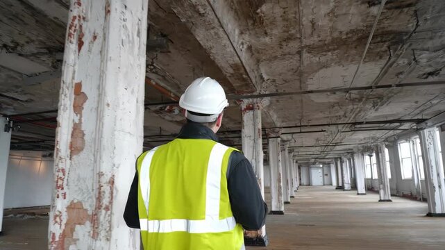 Professional conducting thorough building survey to identify structural security weaknesses and ensure facility safety.