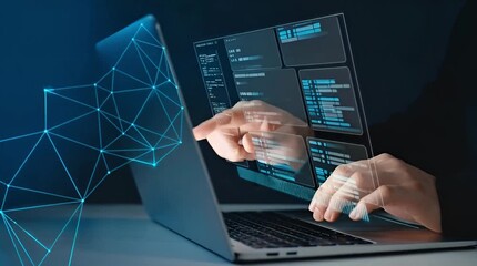 A programmer is coding on laptop with virtual screen showing code, concept of software development, cybersecurity, and data analysis for business intelligence - Powered by Adobe