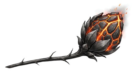 A mystical dark thorny staff emanates a vibrant fiery glow from its floral head.