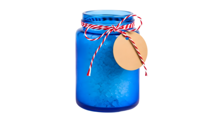 Gift - Blue jar with red and white twine tied around the neck and a blank beige tag, ideal for homemade gifts or small storage