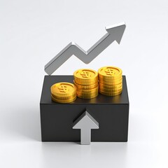Stacked coins, rising arrow on black box. Rendered image