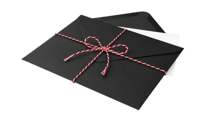 Gift - Black envelope tied with red and white string, minimalistic mail concept for invitations and greeting cards