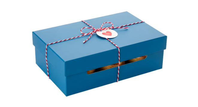 Gift - Blue gift box tied with red and white string and a heart tag isolated on white background, perfect for presents and celebrations